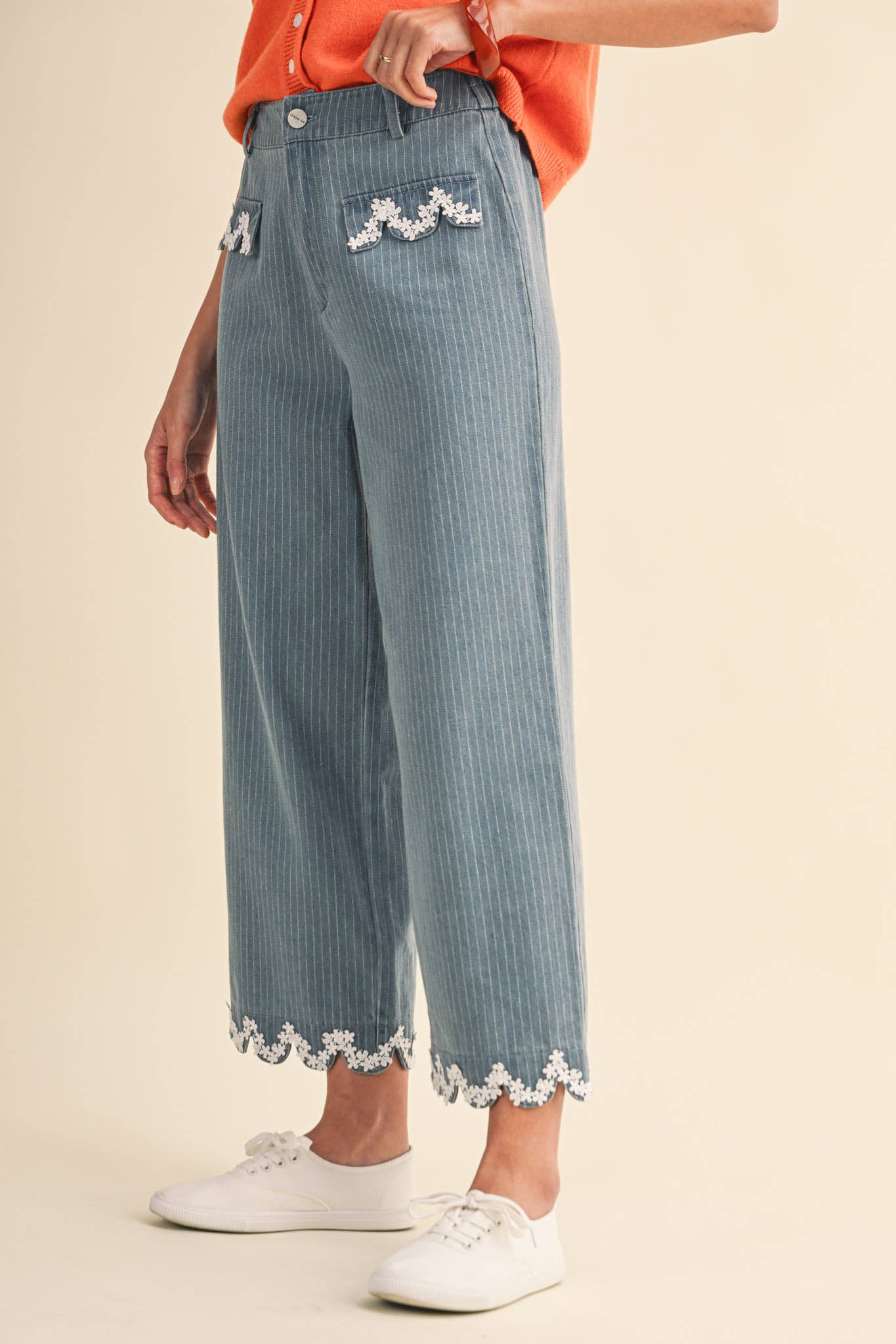 Pinstripe Cropped Wide Leg Pants with Lace Trim