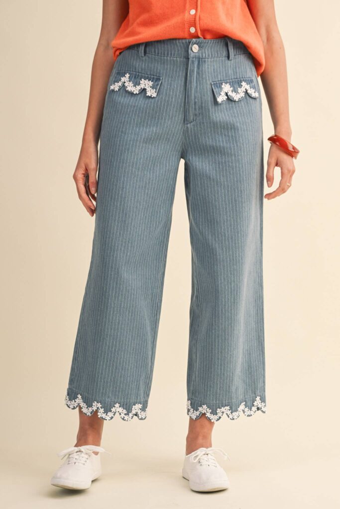 Pinstripe Cropped Wide Leg Pants with Lace Trim