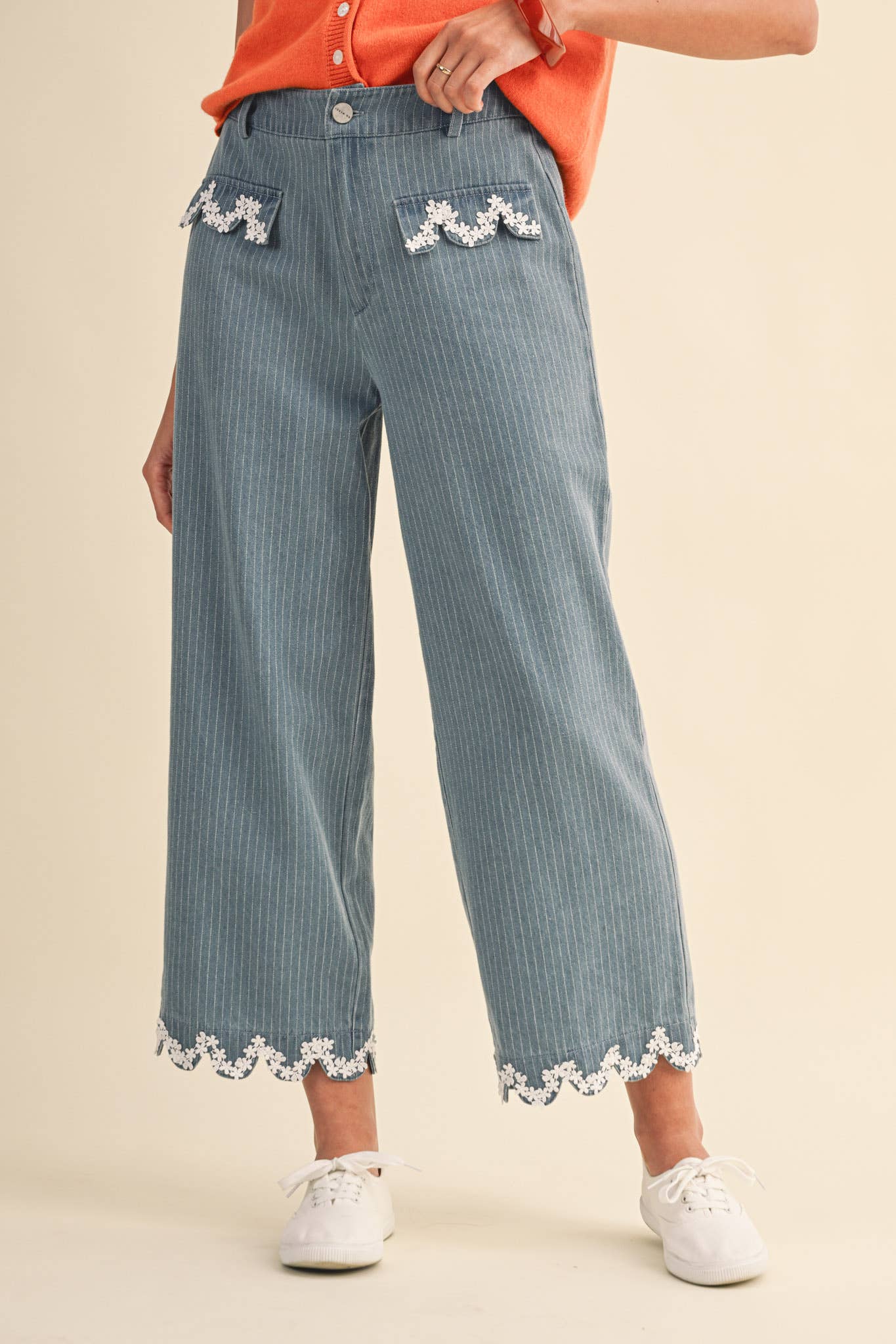 Pinstripe Cropped Wide Leg Pants with Lace Trim