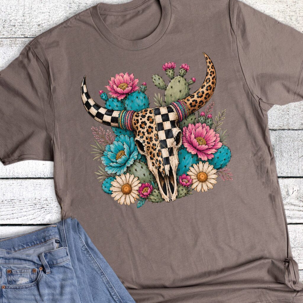 Western Cow Skull Floral Cacti Graphic Tee
