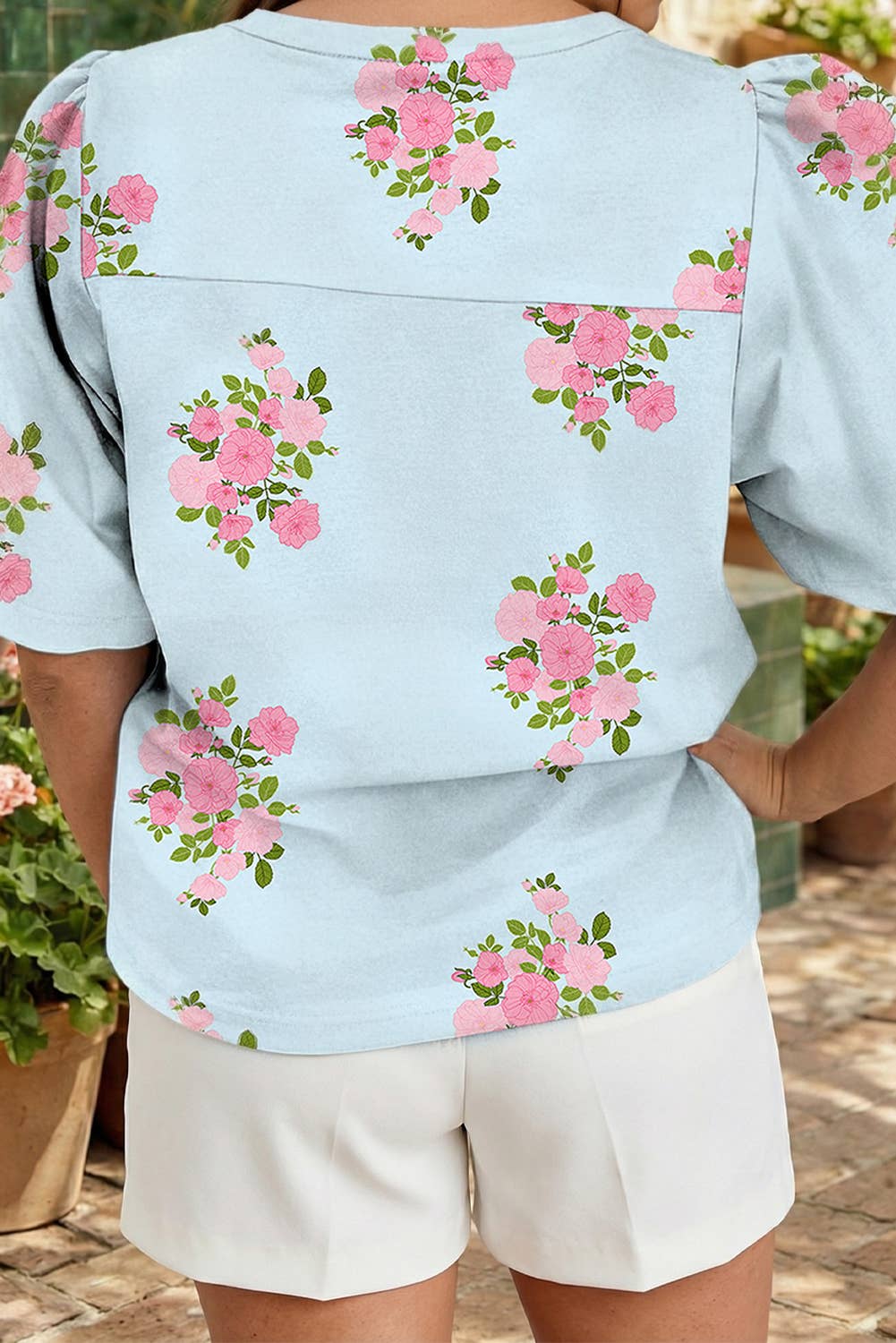 Floral Printed Contrast Ricrac Detail Bubble Sleeve Blouse