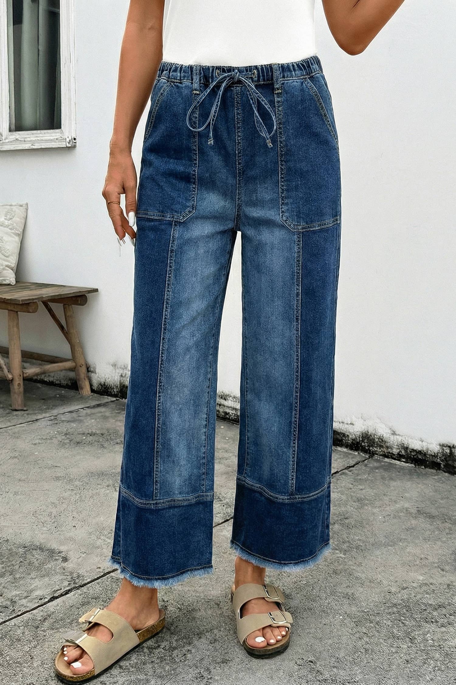 Drawstring Seam Detail Raw Hem Wide Leg Denim