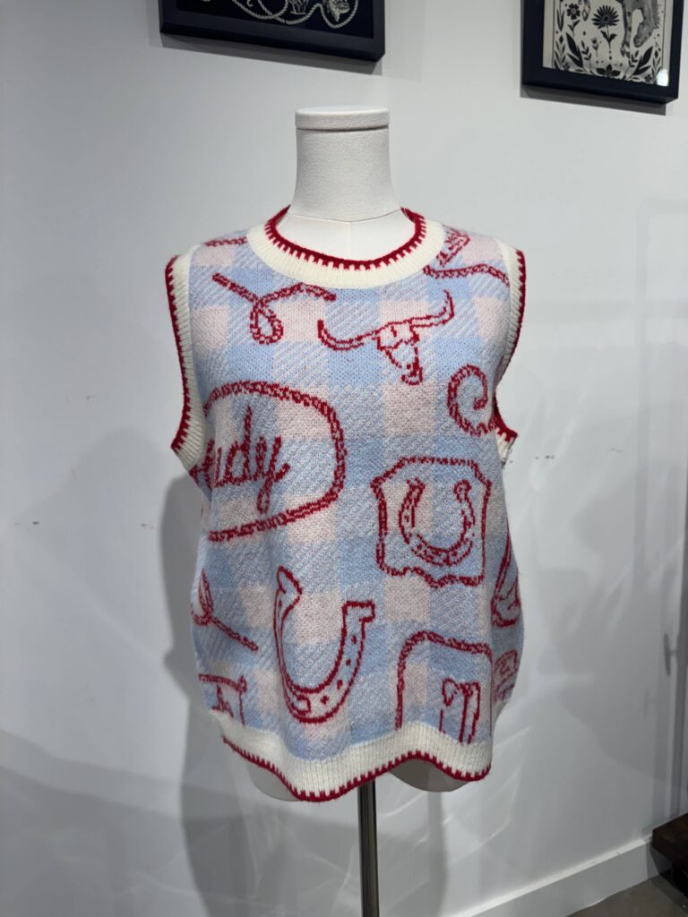 Howdy Sweater Vest with Gingham Western Icon Print
