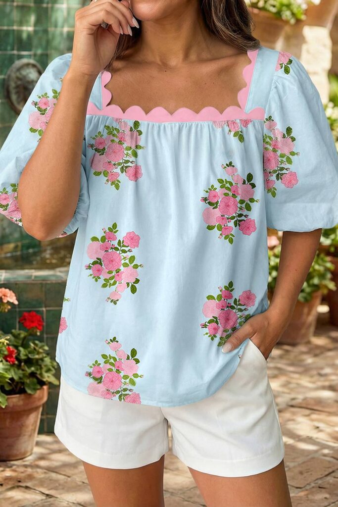 Floral Printed Contrast Ricrac Detail Bubble Sleeve Blouse