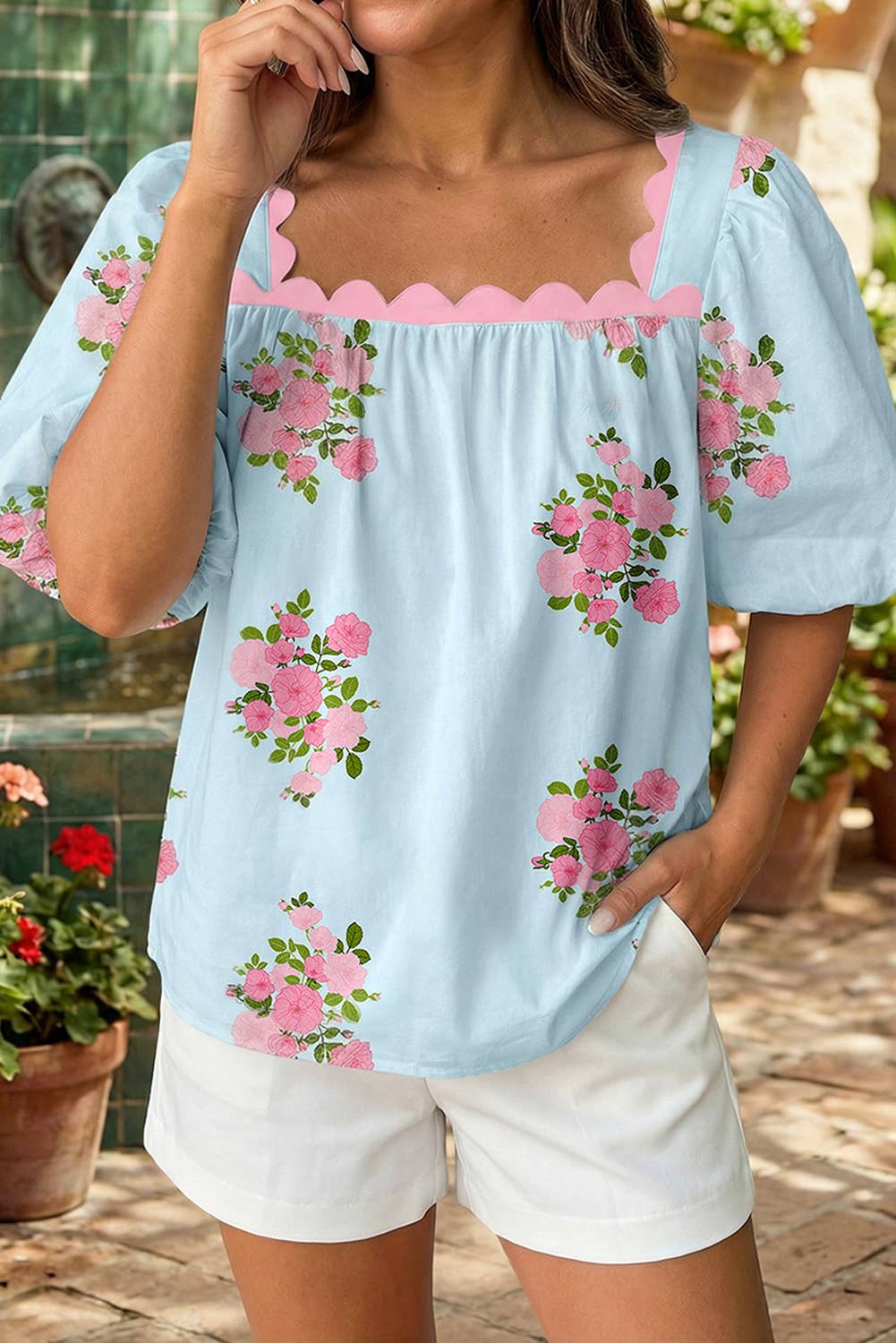 Floral Printed Contrast Ricrac Detail Bubble Sleeve Blouse