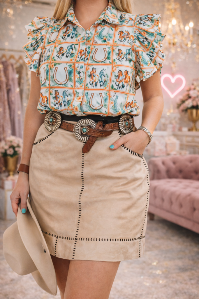Beige Vintage Stretch Suede Contrast Western Skirt