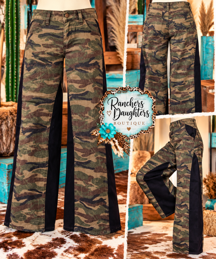 Camouflage Wide Leg Pants with Contrast Panels