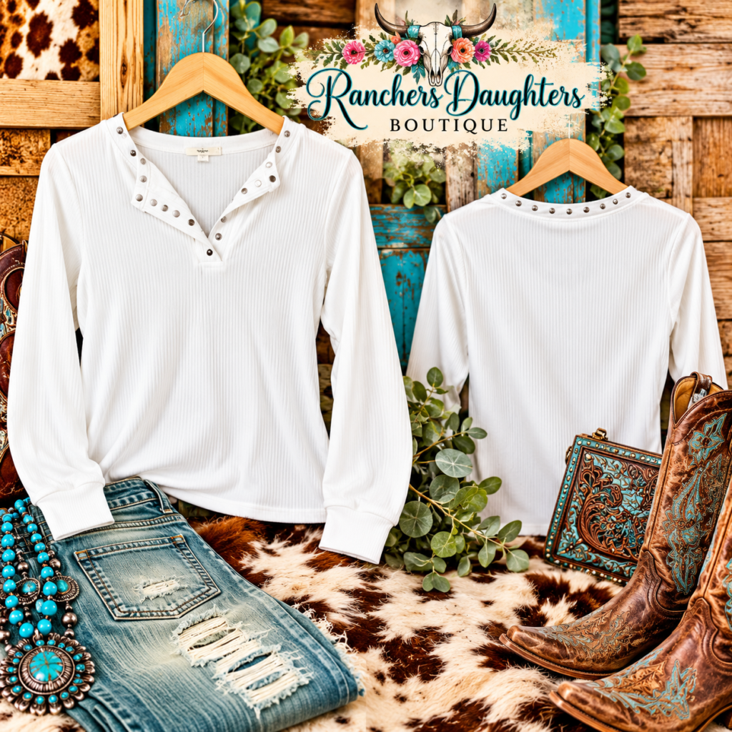 Studded Split Neck Long Sleeve Top