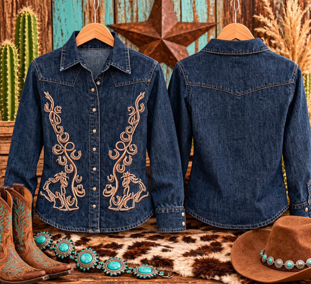 Embroidered Western Dark Denim Snap Shirt