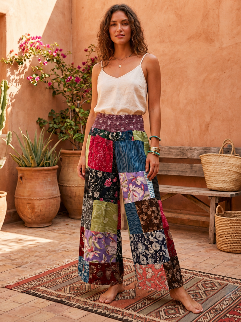 Cotton Print Patchwork Flare Pants