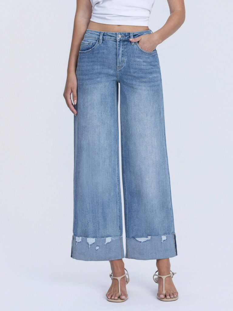 High Rise Medium Wash Cuffed Wide Jeans Novelty