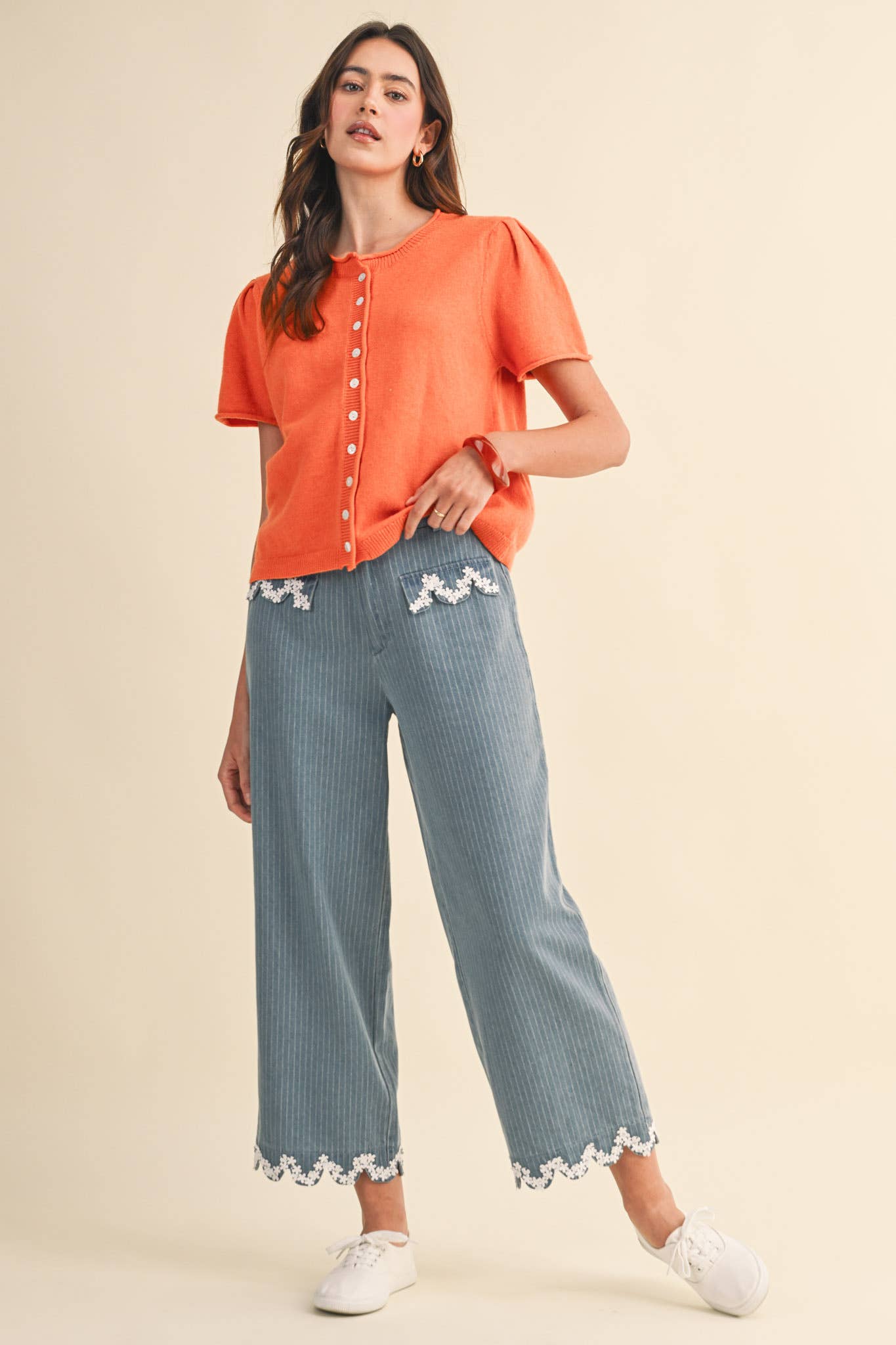 Pinstripe Cropped Wide Leg Pants with Lace Trim