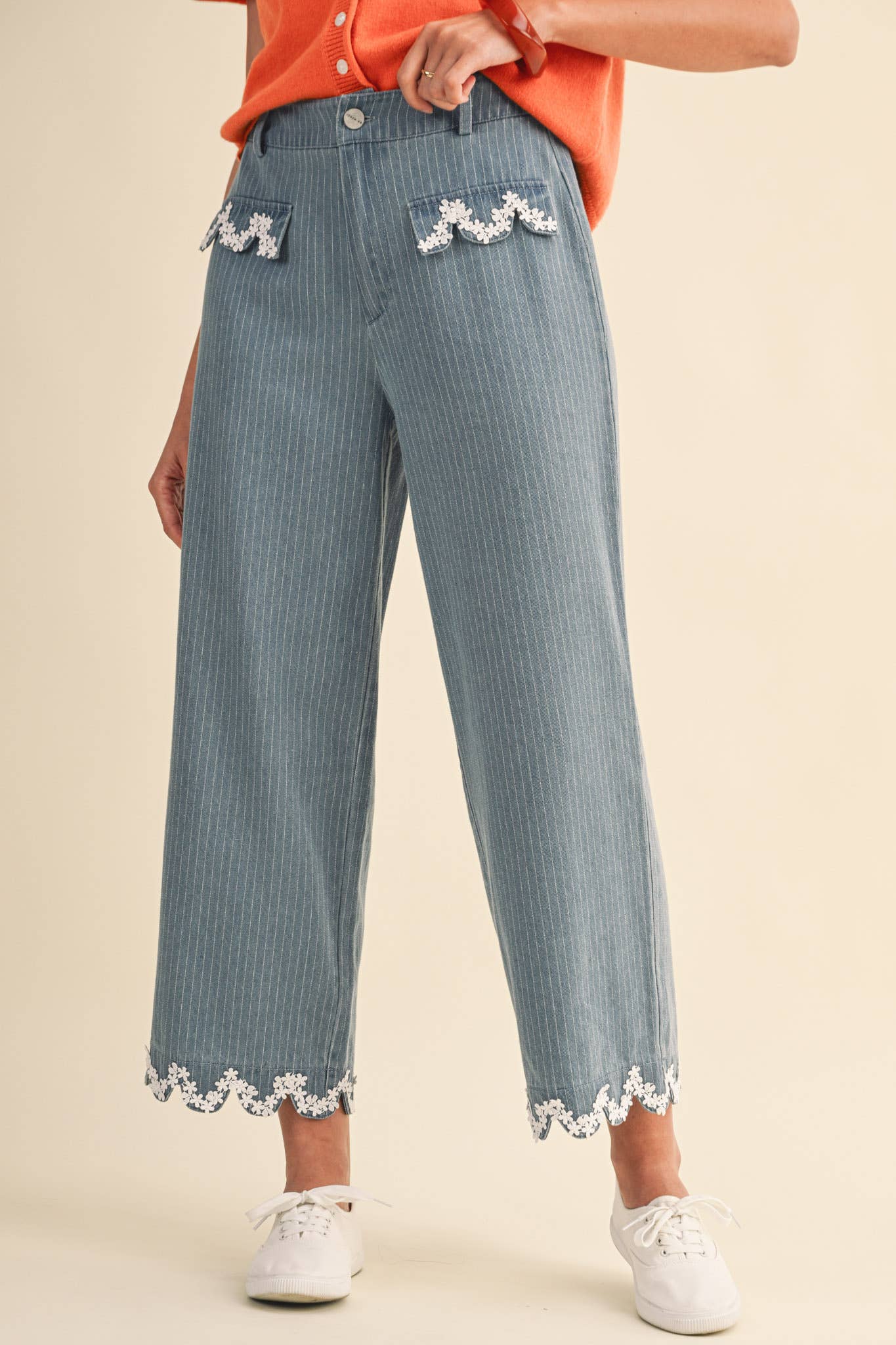 Pinstripe Cropped Wide Leg Pants with Lace Trim