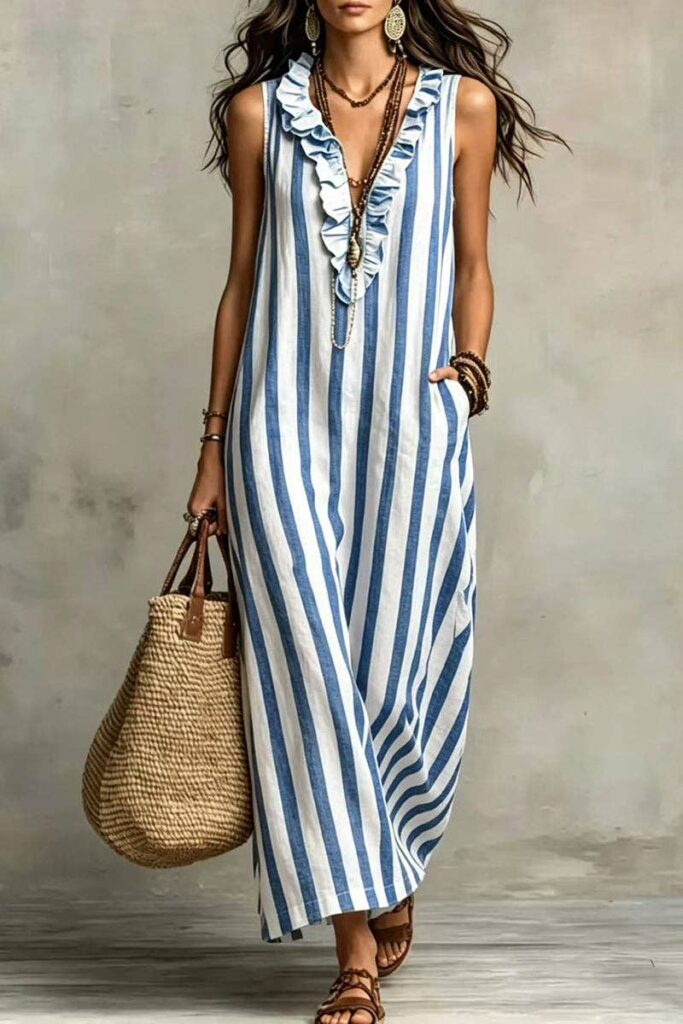 Stripe Ruffle V Neck Pocket Dress