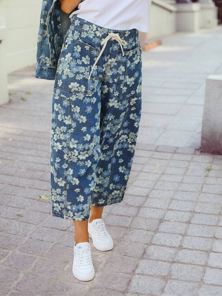 Dainty Floral Print Seam Detail Drawstring Barrel Jeans