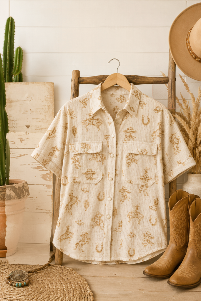 Western Graphic Oversized Button Down Top